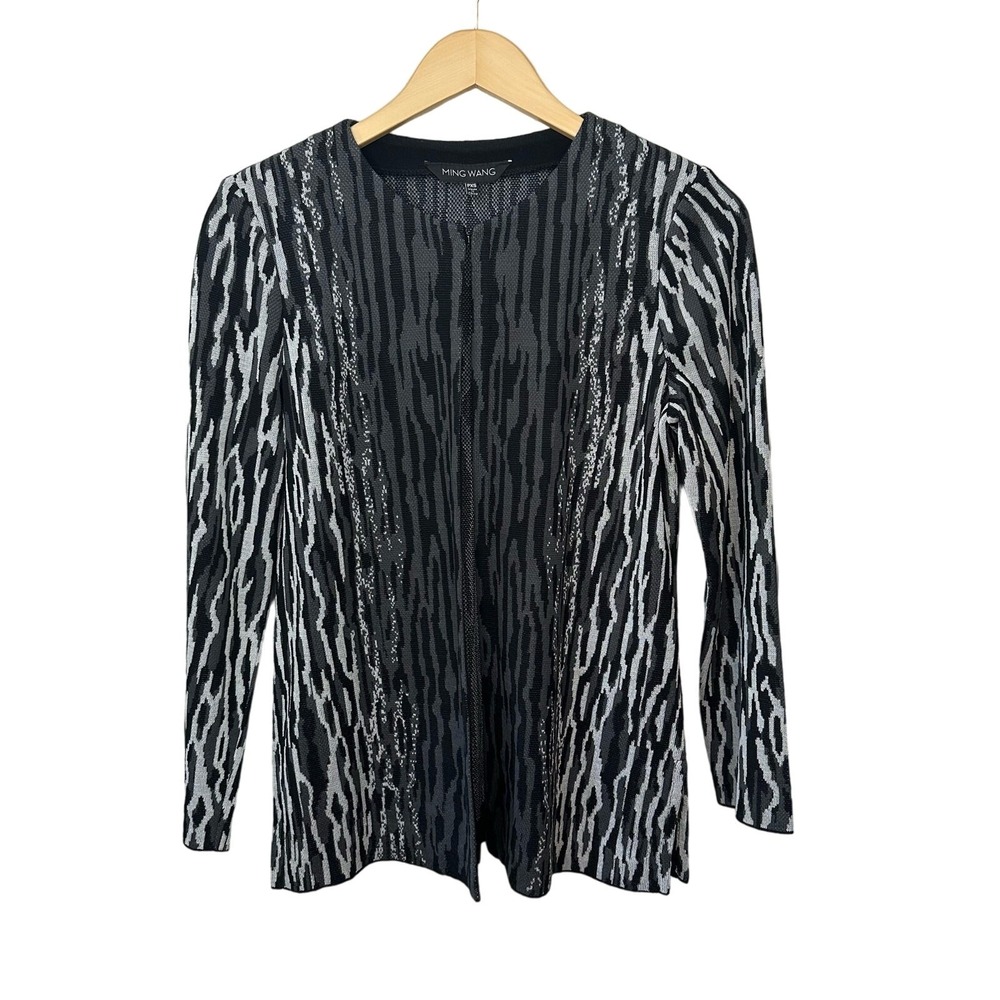 Ming Wang Cardigan Women's PXS Black Gray Animal Print Career Workwear Holiday